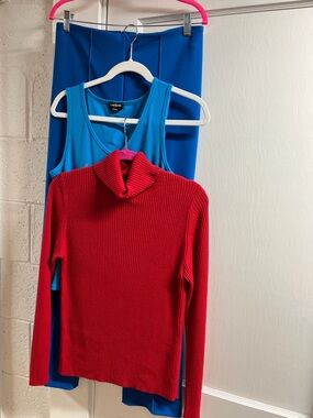 3 pc bebe Bright Blue Ribbed Tank Top/red turtleneck/blue pants